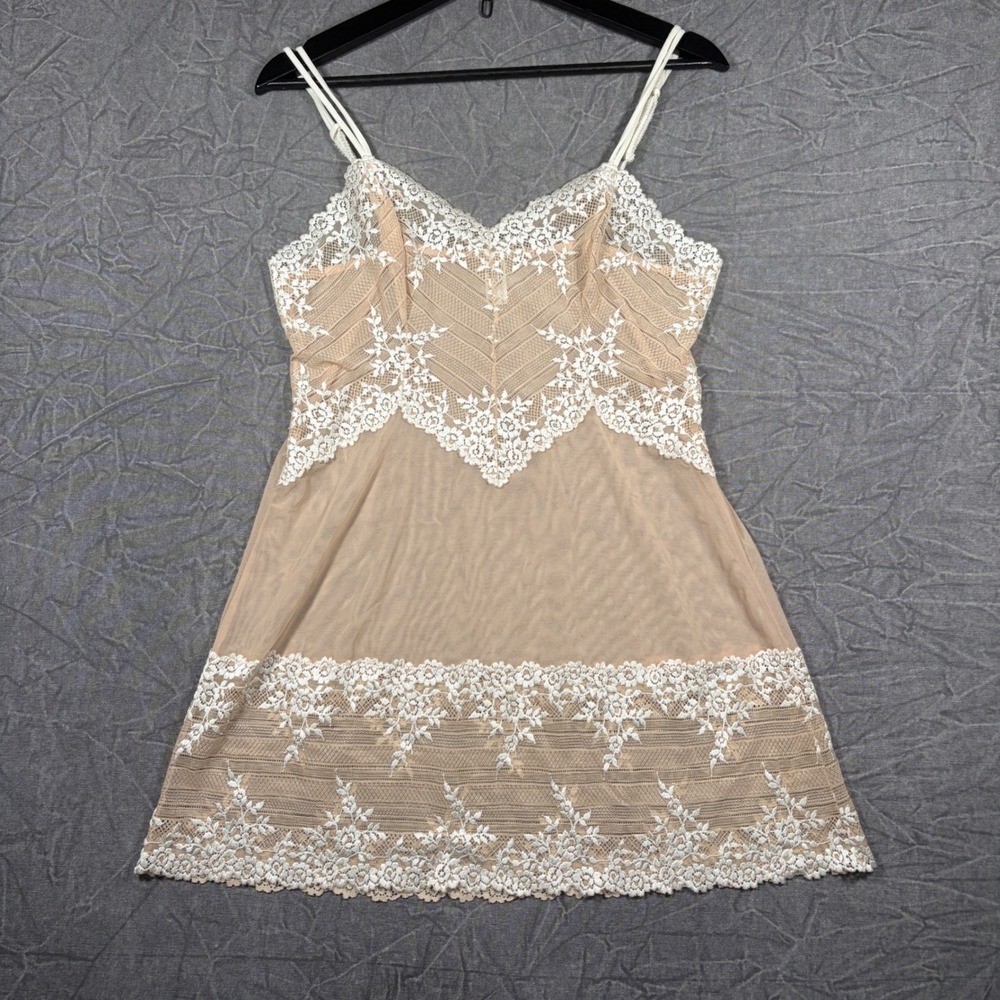 Wacoal Chemise Womens L Peach White Lace Mesh 814191 Floral Sleepwear Nightgown